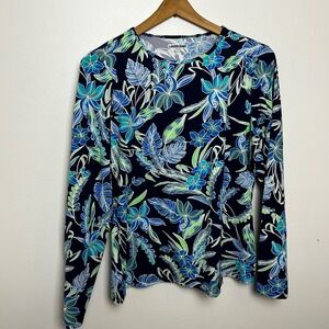 Lands End Womens M/L 10-12 Rash Guard Long Sleeve Tropical Floral Swim Shirt UPF
